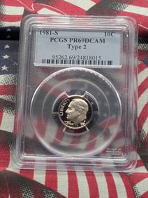 1981-S Roosevelt Dime. Slabbed by PCGS, top grader, as Proof 69 Deep Cameo. The scarce Type 2.