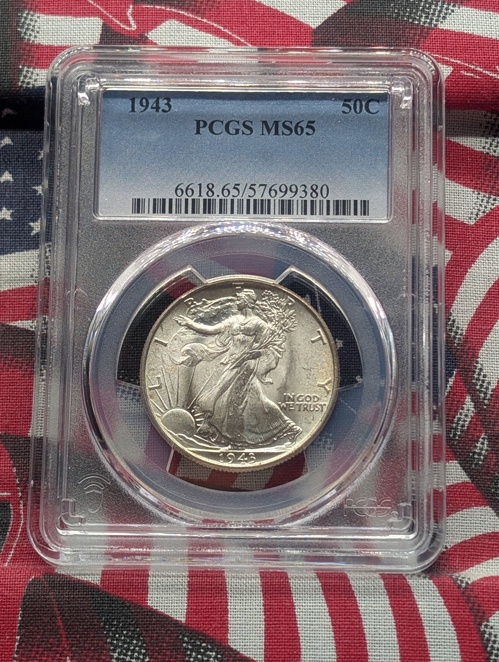 1943 Walking Liberty Half Dollar. Slabbed as MS 65 by PCGS, top grader. Pure white coin. 90% Silver: 1943 Walking Liberty Half Dollar. Slabbed as MS 65 by PCGS, top grader. Pure white coin. 90% Silver