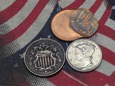 Three Various Vintage U.S. Coins - Includes 1945 Mercury Dime, 1868 Shield Nickel, & 19?? Planchet