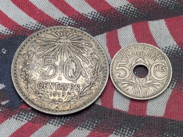 1919 France 5 Centimes & 1913-M Mexico 50 Centavos, 80% Silver & 12.5 Gr. (2 PCS)