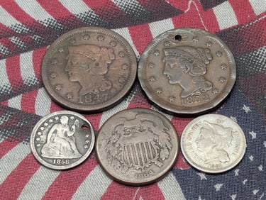 Five Various Vintage U.S. Coins - Includes 1847 & 1852 US Large Cents, 1865 Three Cent Nickel,