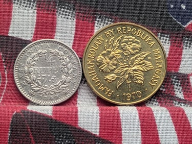 1840 East India Company 1/4 Silver Rupee & 1970 Madagascar 20 Francs (2 PCS)