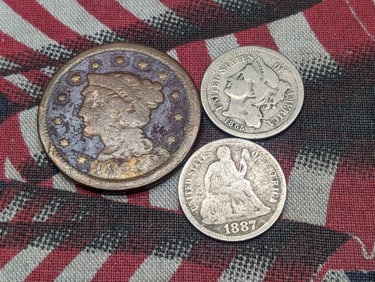 Three Various Vintage U.S. Coins - Includes 1865 Three Cent Nickel, 1887 Seated Liberty Dime, & 1851
