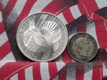 1880 Switzerland 10 Rappen & 1972-J Germany 10 Marks, 62.5% Silver & 15.5 Gr. (2 PCS)