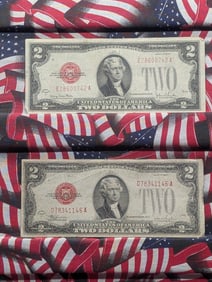 Lot of Two 1928 F&G Series $2.00 RED SEAL Banknotes