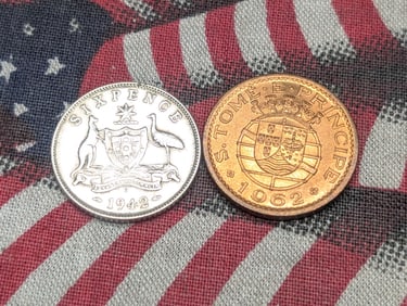 1942-D Australia 6 Pence, 92.5% Silver & 2.83 Gr. - XF & 1962 St. Thomas 50 Centavos (2 PCS)