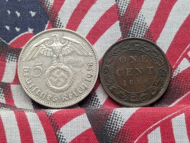 1894 Canada 1 Cent & 1938-F Germany 5 Reichsmark, 90% Silver & 13.88 Gr. (2 PCS)
