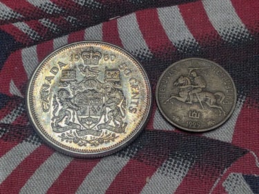 1925 Lithuania 5 Centai & 1960 Canada 50 Cents, 80% Silver & 11.6638 Gr. (2 PCS)