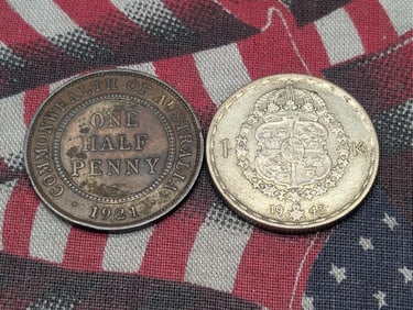 1943-G Sweden 1 Silver Krona w/ Plain 4 & 1921 Australia 1/2 Penny (2 PCS)