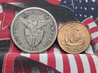 1953 United Kingdom 1/2 Penny & 1907-S Philippines 1 Peso, 80% Silver & 20 Gr. (2 PCS)