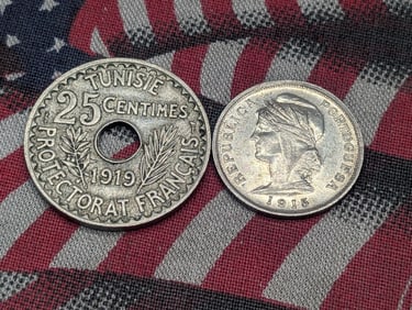 1919 Tunisia 25 Centimes & 1915 Portugal 10 Silver Centavos (2 PCS)