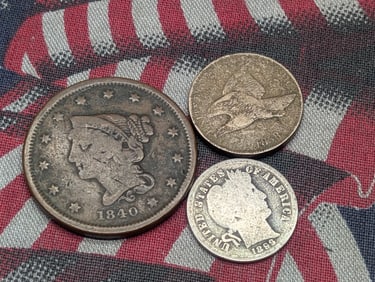 Three Various Vintage U.S. Coins - Includes 1840 US Large Cent, 1858 Flying Eagle Cent, & 1899