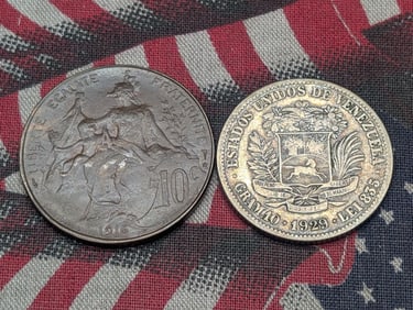 1929 Bolivarian Republic 2 Bolivars, 90% Silver & 25 Gr. & 1916 France 10 Centimes (2 PCS)