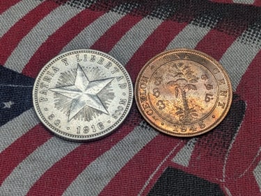 1945 Ceylon 1 Cent & 1916 Caribbean 20 Centavos - AU, 90% Silver & 5 Gr. (2 PCS)