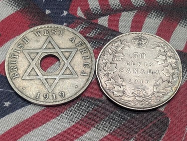 1919-H British West Africa 1 Penny & 1918 Canada 50 Cents - VF+, 92.5% Silver & 11.62 Gr. (2 PCS)