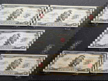 Five Various 1953 Series $2.00 RED SEAL Banknotes in Protective Sleeves - (1) 53, (3) 53-A's, & (1)
