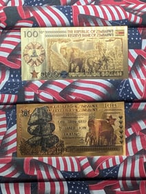 Lot of Two 24k Gold *LAYERED* 2008 Republic of Zimbabwe 100 Yottalillion Dollars Fantasy Notes