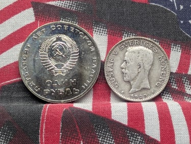 1967 Soviet 1 Roubles & 1929-G Sweden 1 Krona, 80% Silver & 7.5 Gr. (2 PCS)