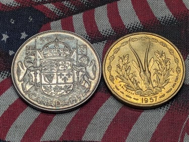 1957 French West Africa 25 Francs & 1952 Canada 50 Cents, 80% Silver & 11.6638 Gr. (2 PCS)