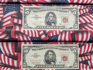 Lot of Two 1963 Series $5.00 RED SEAL Banknotes - VF/XF