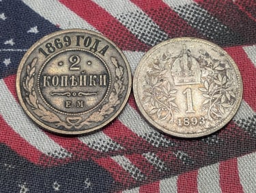 1893 Austria 1 Corona, 83.5% Silver & 5 Gr. & 1869 Soviet 2 Kopeks (2 PCS)