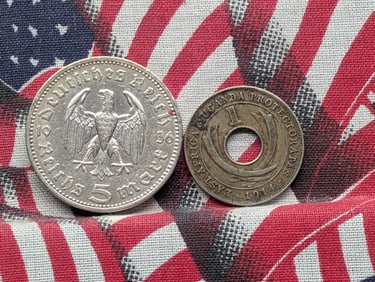 1914 East Africa 1 Cent & 1936-A Germany 5 Reichsmark, 90% Silver & 13.88 Gr. (2 PCS)