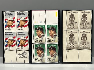 Lot of (3) Vintage Sports Stamp Plate Blocks - Roberto Clemente, Lou Gehrig, Jim Thorpe