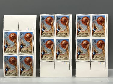 Lot of (3) 1991 USPS Basketball Centennial Stamp Plate Blocks