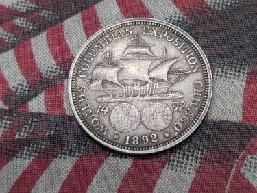 1892 Columbian Exposition Commemorative 90% Silver Half Dollar. OBV: Santa Maria, 2 Globes. REV: