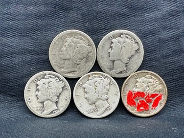 Lot of 5 Mercury Silver Dimes - Mixed dates and mint marks
