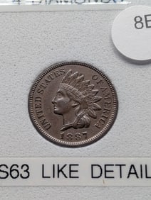1887 Indian Head Cent, Full Liberty, 4 Diamonds, MS-63 Like Details