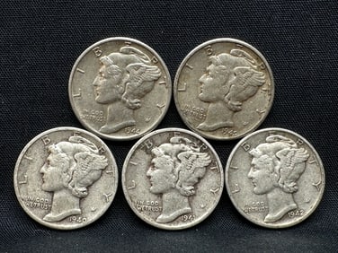 Lot of 5 Silver U.S. Mercury Dimes, Dated 1940-1945