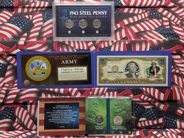 3 U.S. Coins Collector Sets. Commemorative Bank Note, Rare WWII Coins, 1943 Steel Penny Collection.