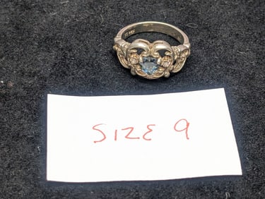 Woman's Sterling Silver Heart Shaped Blue Topaz Stone Size 9 Ring, Marked CC 925. Ring Weighs 0.15