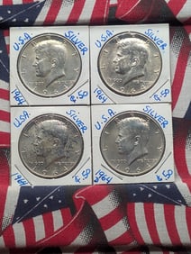 (3) 1964, (1) 1964-D Kennedy Half Dollars, All 90% Silver