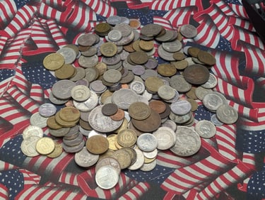 Assortment Of Foreign Coins & Tokens & Fake Morgan Dollars From Many Different Countries. Coins