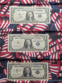 1957, 1957-A, & 1957-B $1 Blue Seal Silver Certificates. Bust Of George Washington. 3 Notes.