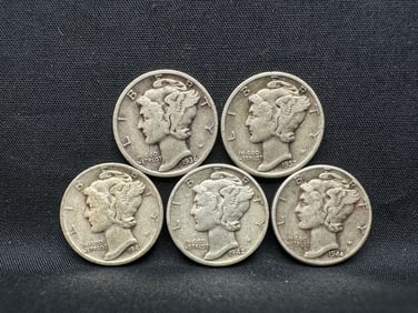 Lot of 5 Mercury 90% Silver Dimes, 1936, 37, 41, 42, 44