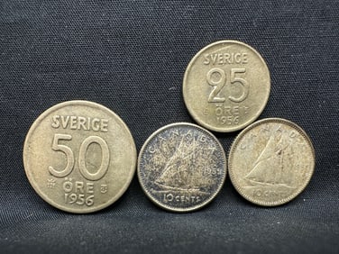 Lot of 4 Foreign Silver Coins - (2) Swedish Ore (40% Silver) and (2) Canadian 10 Cent (80%)