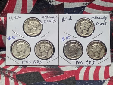 1940 P,D,S & 1941 P,D,S Silver Mercury Dimes - Complete Year Sets!