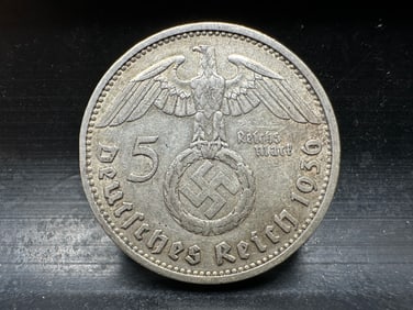 1936 German Hindenburg Silver 5 Reichsmark - 90% Silver
