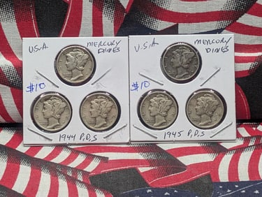 1944 P,D,S & 1945 P,D,S Silver Mercury Dimes - Complete Year Sets!