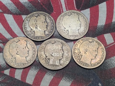 Five Barber Quarters 1901, 1902, 1903, 1904, 1909