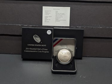 2014-P National Baseball Hall Of Fame Proof Silver Dollar In OGP w/COA - 90% Silver, Concave Coin