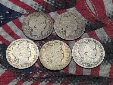 Five Barber Quarters All O's 1903, 1906, 1906, 1907, 1908