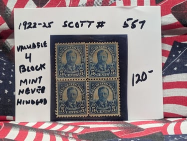 1922-1925 Four Block Very Rare Five Cent Roosevelt Stamps Scott # 557 Mint Never Hinged