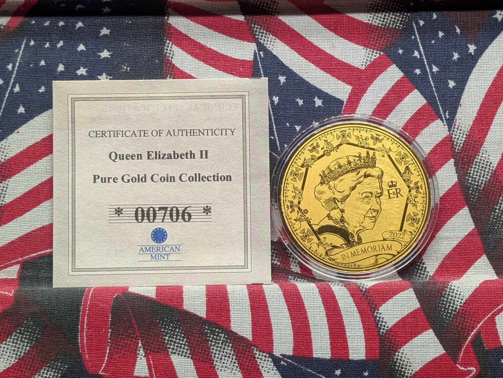 Limited Edition 1/200th Oz. .999 PURE FINE 24k GOLD Queen Elizabeth II in Memoriam 2022 Medal in: Limited Edition 1/200th Oz. .999 PURE FINE 24k GOLD Queen Elizabeth II in Memoriam 2022 Medal in Capsule w/ COA