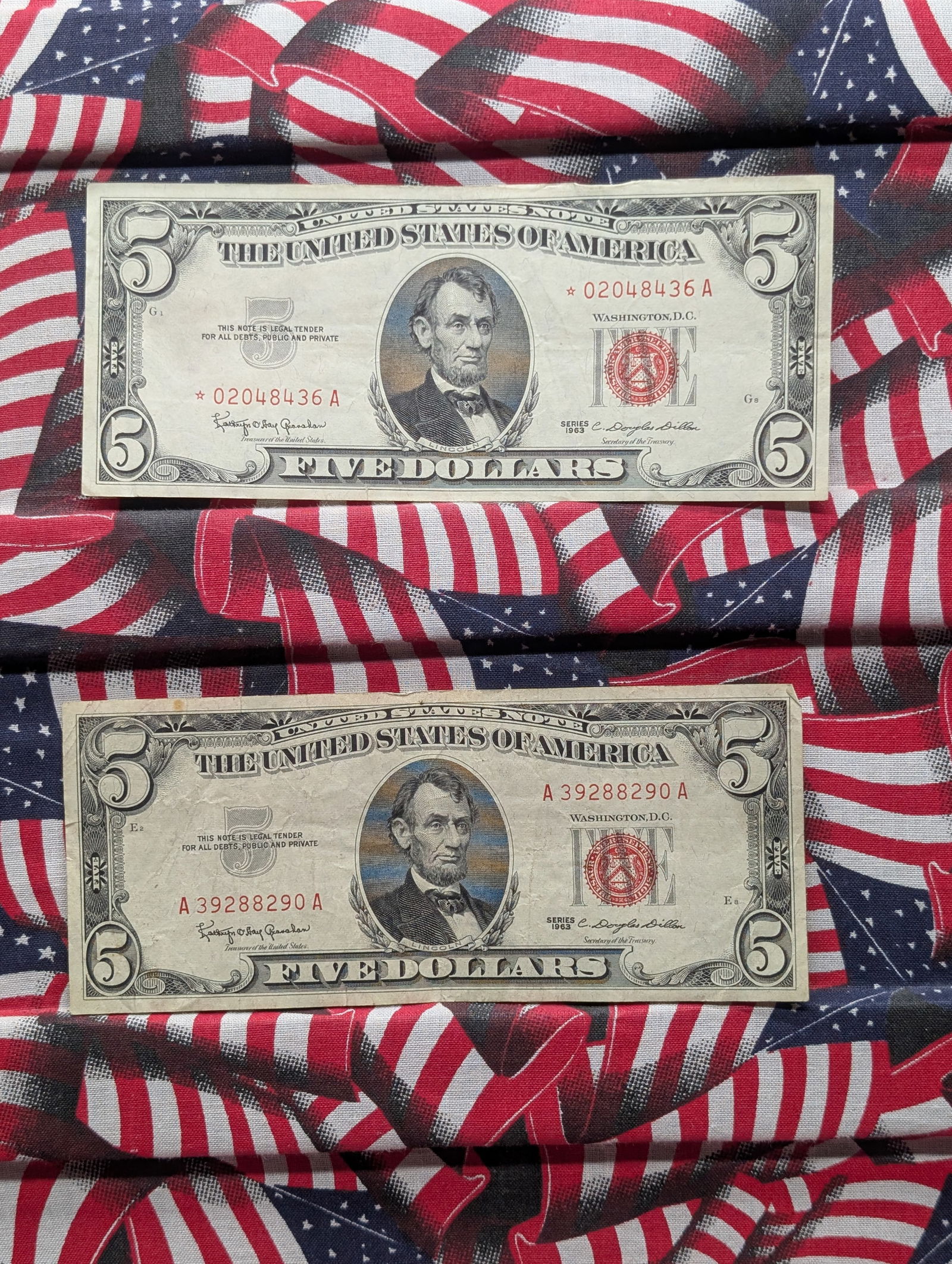 Two 1963 Series $5.00 RED SEAL Banknotes - One is a Star Note (1 of 6)