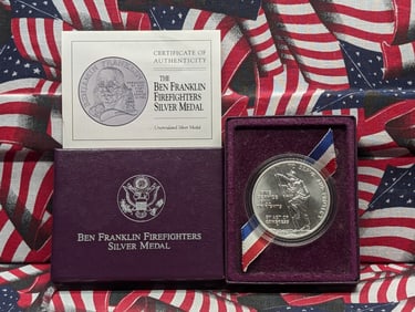 1 Oz. .999 SILVER (1993)-P UNC Ben Franklin Firefighters Medal in OGP w/ COA