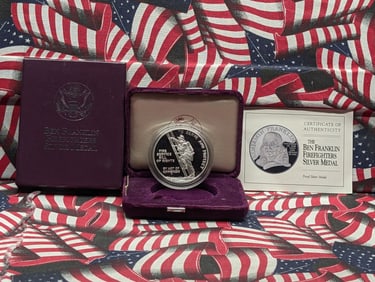 1 Oz. .999 SILVER (1993)-P PROOF Ben Franklin Firefighters Medal in OGP w/ COA